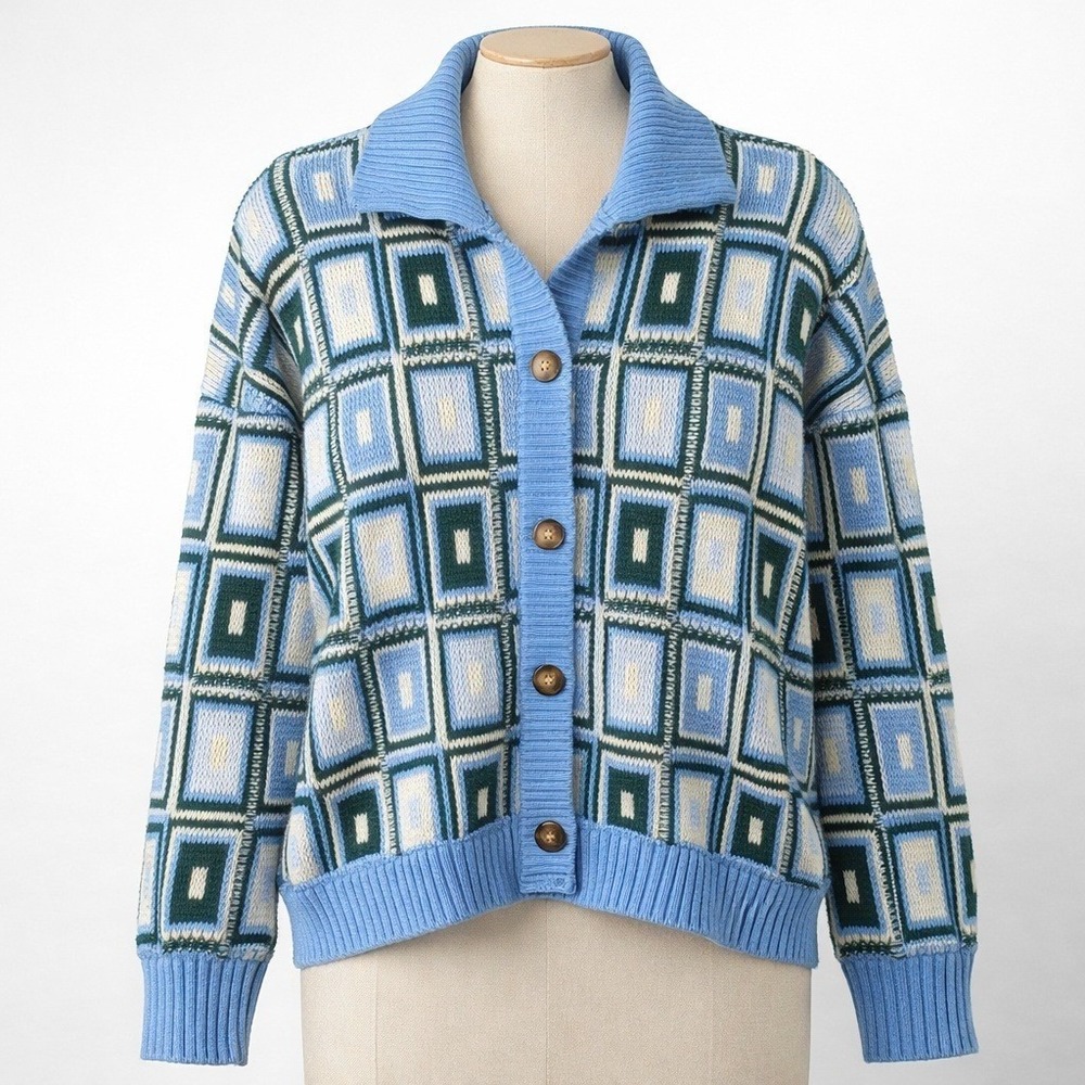 BP Y2K Granny Square Button Cardigan Blue Green Sz M Geometric Funky Cottagecore